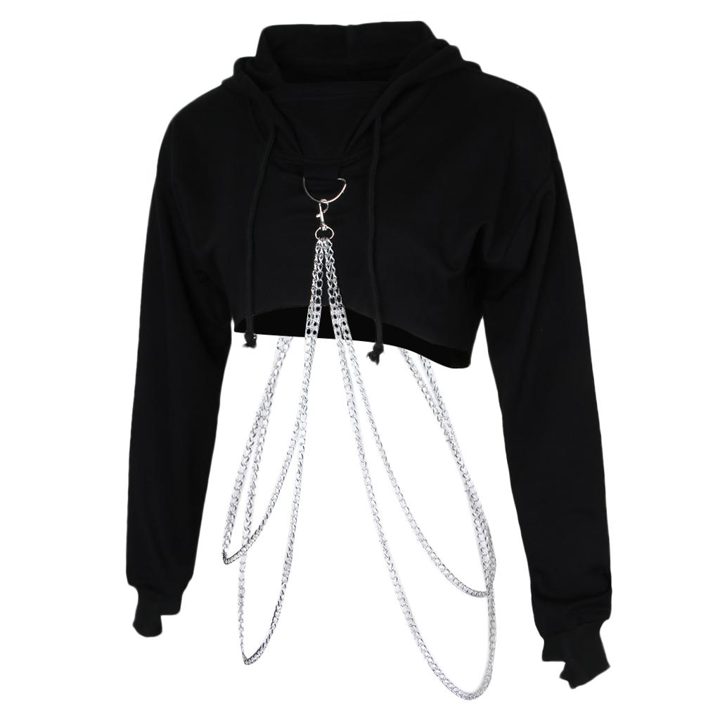 Moda feminina manga comprida pulôver hoodie colheita topo metal corrente moletom