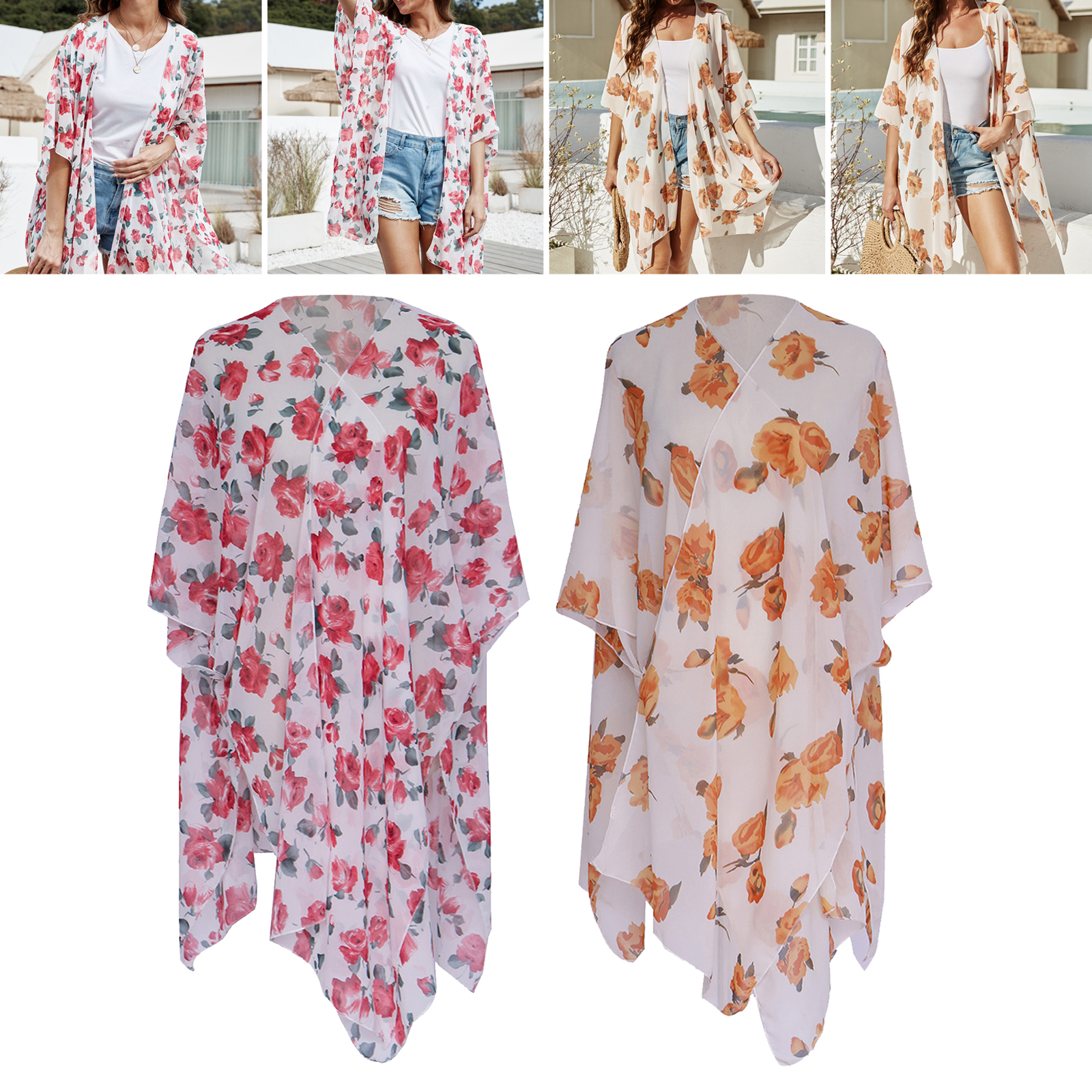 Sexy Beach Bikini Cover up Dress, Beautiful Floral Chiffon Swimsuit Covers Kimono Cardigan for Women Ladies Girls