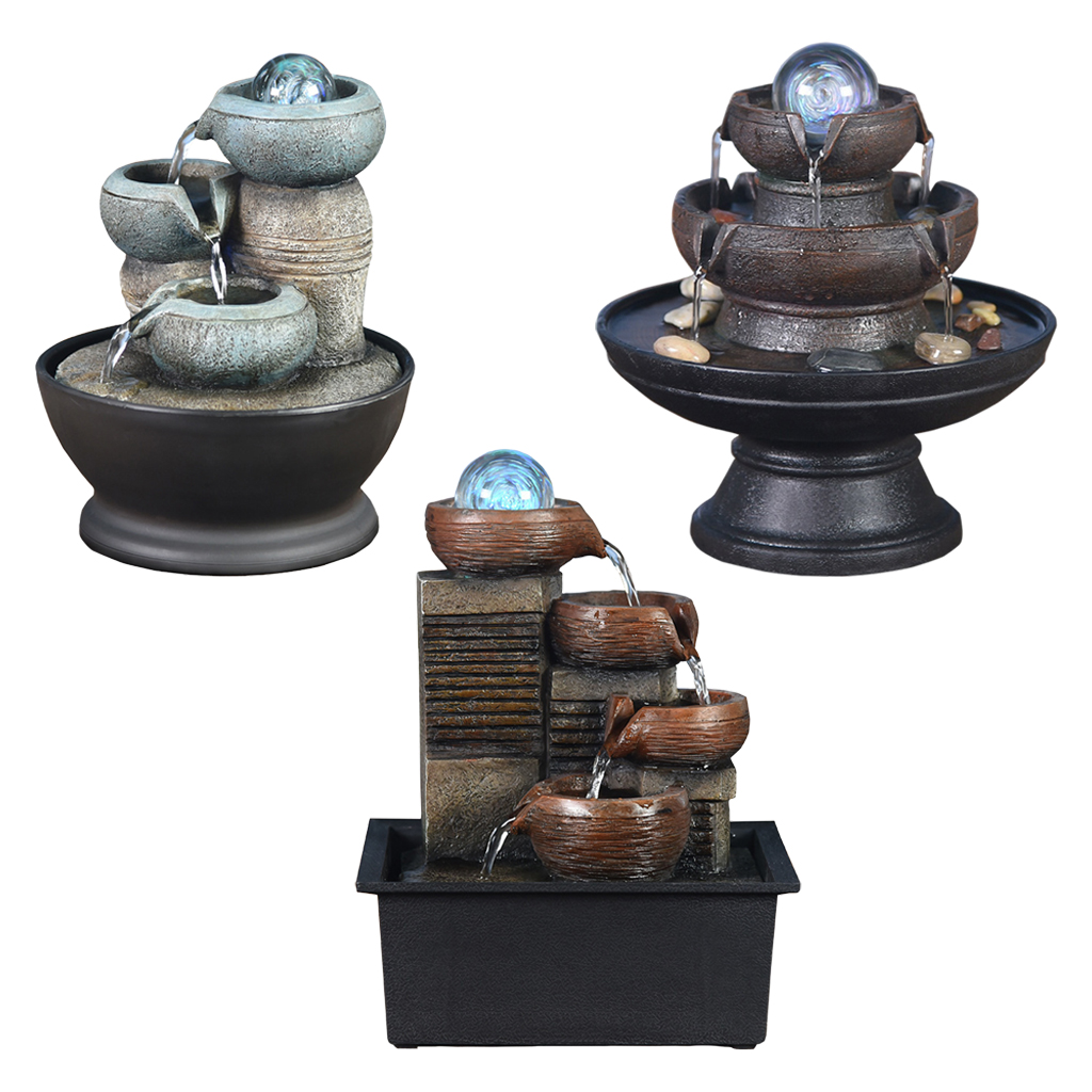 Resin Decorative Fountains Indoor Water Fountain Resin Craft Desktop Home Decor Figurines FengShui Water Fountain with Light