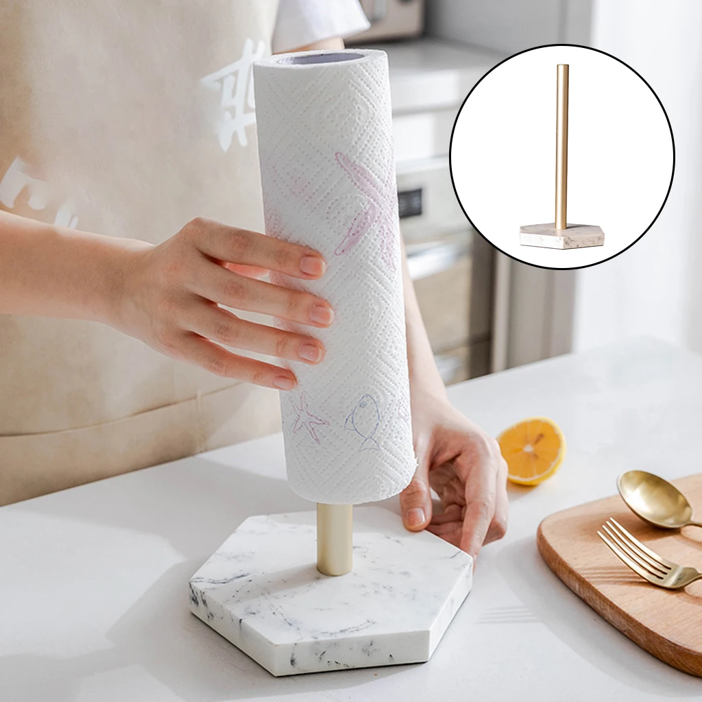 Tabletop Vertical Aluminum Roll Paper Holder Resin Base Hand Towel Tissue Stand Rack for Kitchen Home Storage Organizer