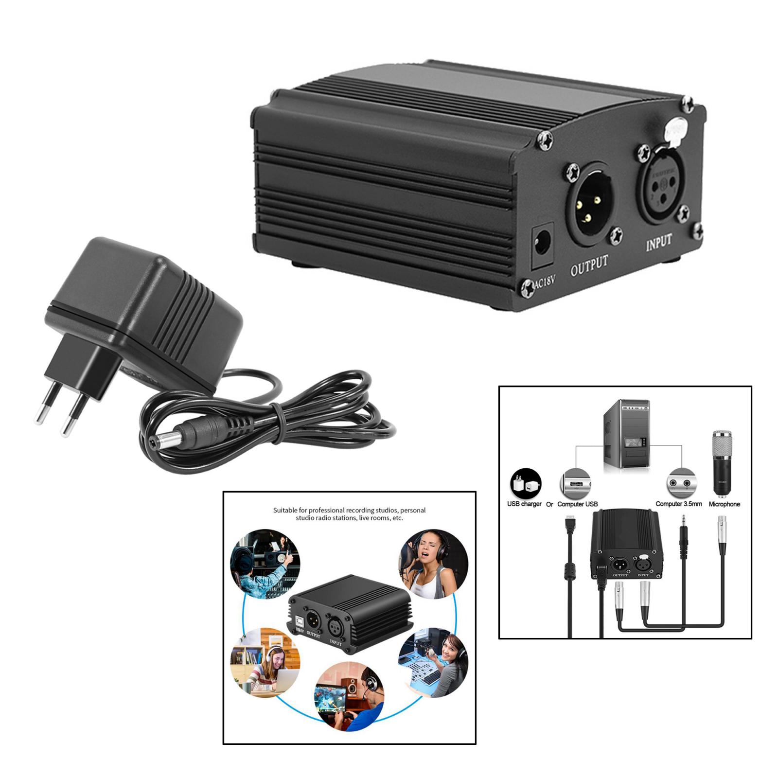48V Phantom Power Supply with Charging Cable for Microphone Music Recording