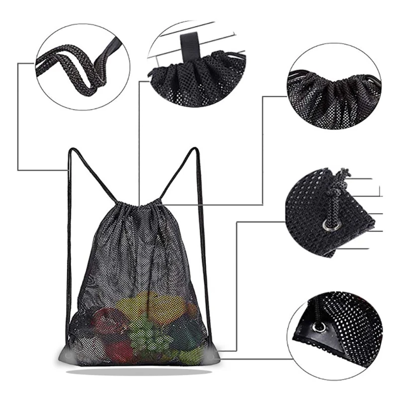 Mesh Gym Sport Mushroom Bag for Beach Heavy Duty Mesh Drawstring Bag with 3 Pockets Swimming 