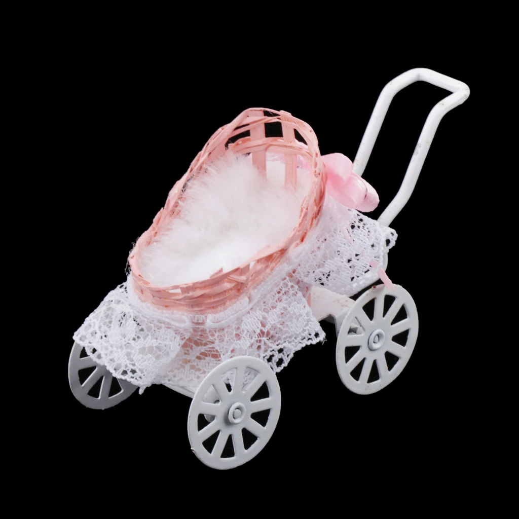 1/12 Dollhouse Minaiture Baby Doll Stroller Metal Cart For Room Furniture Accessory Pink