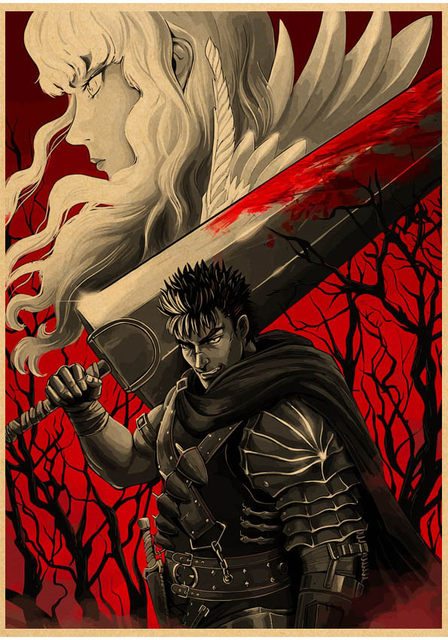 Poster japonês de anime berserk, adesivo de parede de decoração diverso  gatsu, papel kraft, impressão de