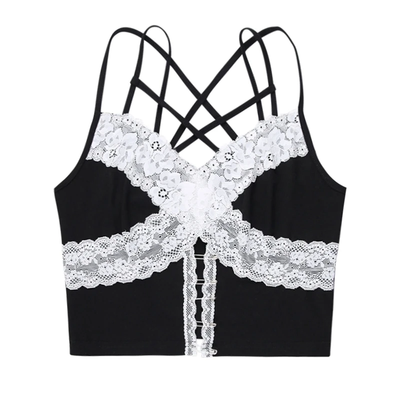 Punk Style White Lace Patchwork Cami Top Pin Hollow Out Sleeveless Cropped Top E-girl Gothic Emo Alt Indie Clothes Women Vest