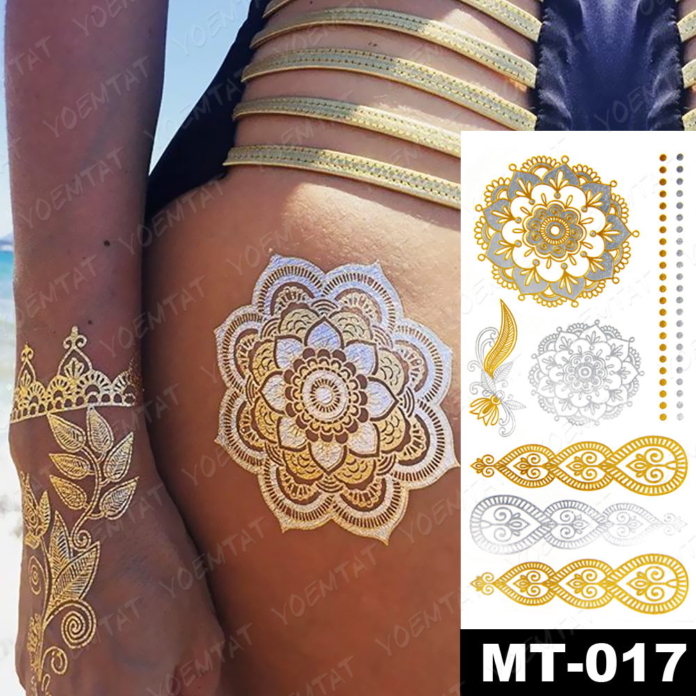 Best of Waterproof Temporary Tattoo Sticker Peacock Feather Gold Silver Metallic Flash Tatoo Henna Mandala Glitter Bracelet Body Art Reviews & Tips - Image 3