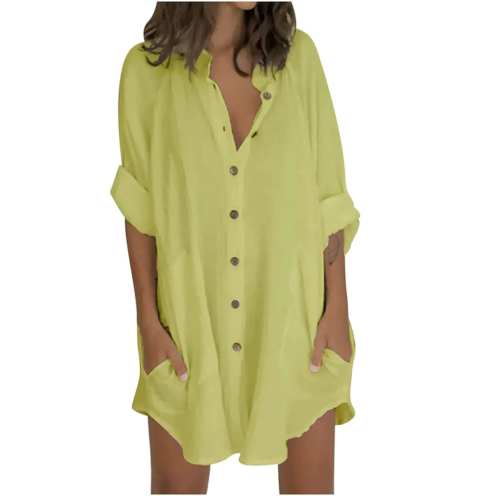 Cotton Linen Shirt Dress Women High Street Wear Button Down Blouse Long Tunic Dress Plus Size Blouse With Pocket Cover-up bathing suit and cover up set
