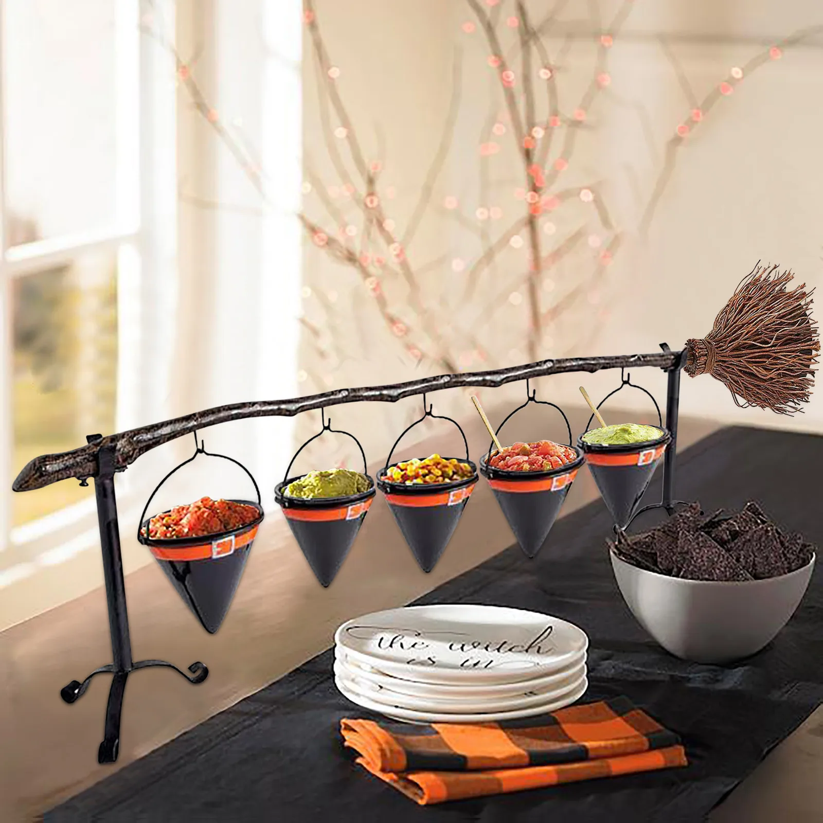 A+C Broomstick Snack Bowl Stand with Removable Basket Organizer Broom Stick Snack Bowl Stand Hocus Pocus Snack Bowl Stand Halloween Witch Hat Snack Bowl Stand Broom Pumpkin Snack Bowl Rack 