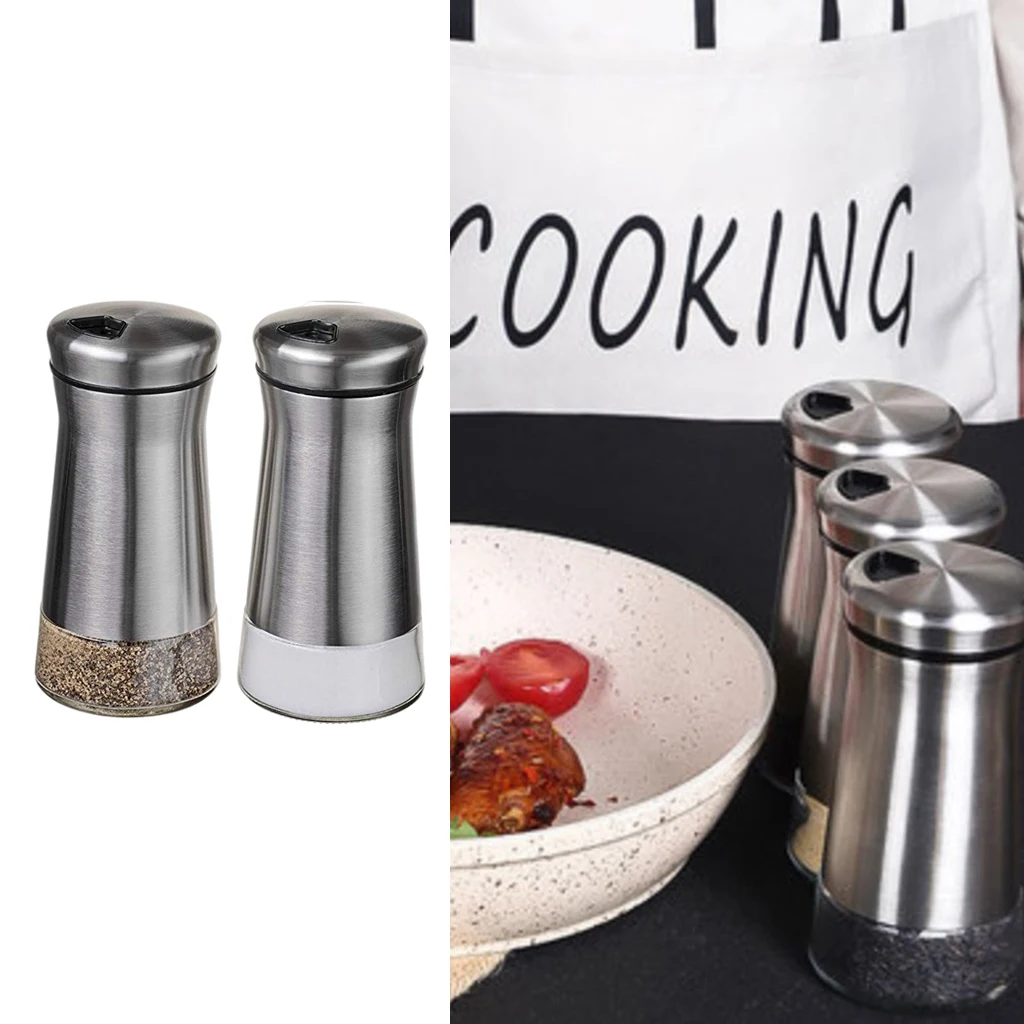 2pcs Stainless Steel Salt and Pepper Shaker with Glass Bottom with Adjustable Pour Holes Spice Dispenser