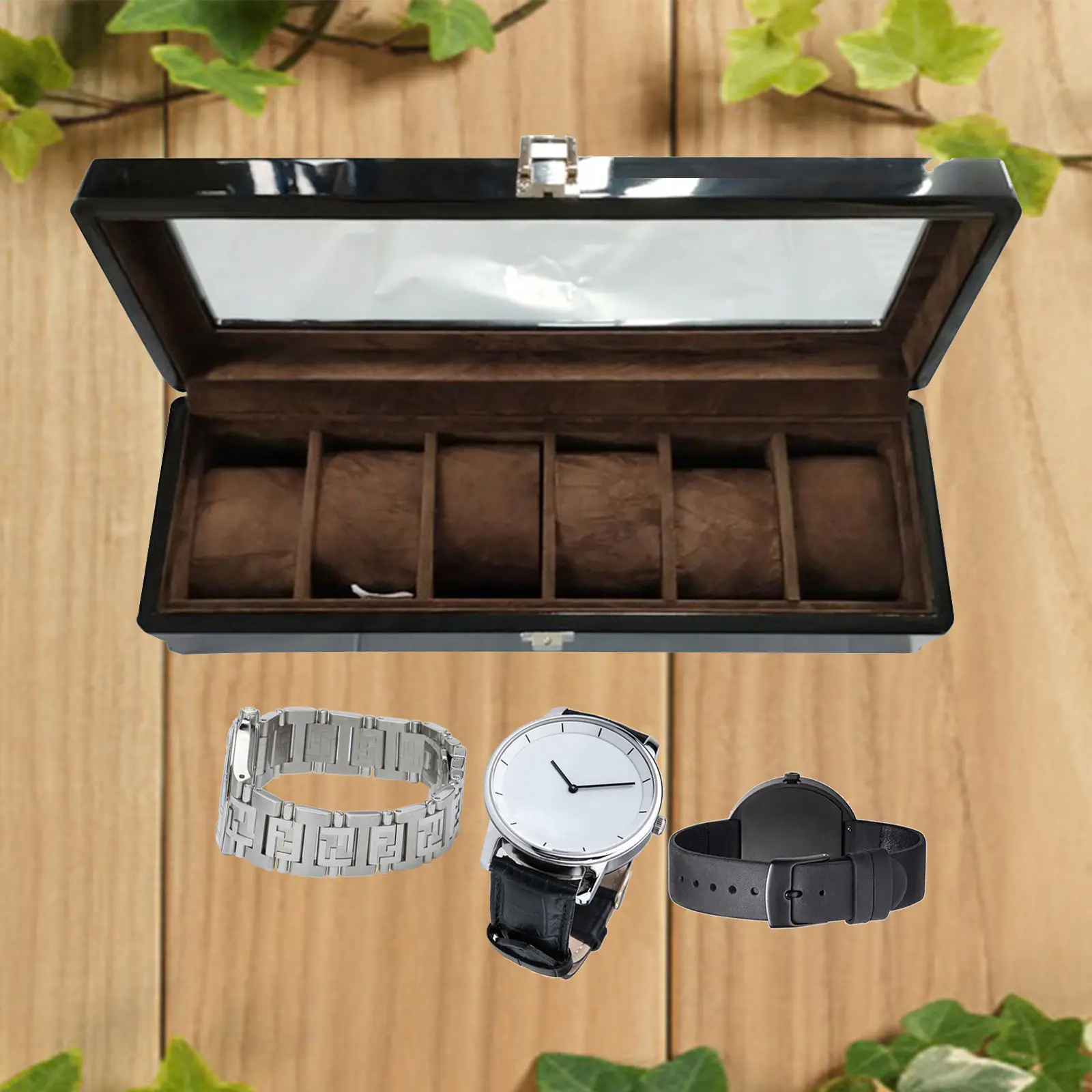 6 -Slot Wood Watch Display Case Box Wristwatch Jewellery Storage Organizer