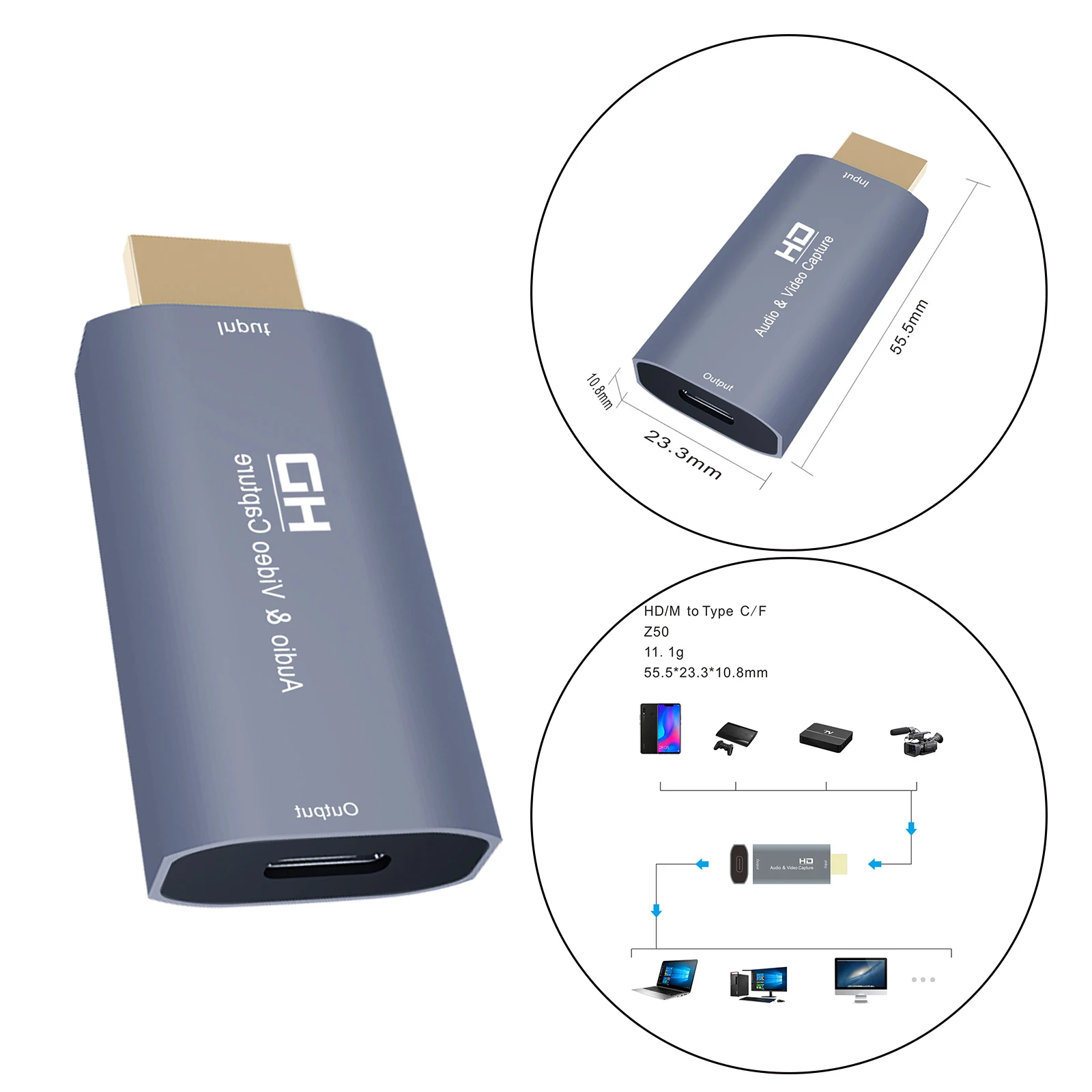 HD to Type C Audio Video Capture Card, USB-C 4K 1080P for Live Streaming Recording for PC Phone