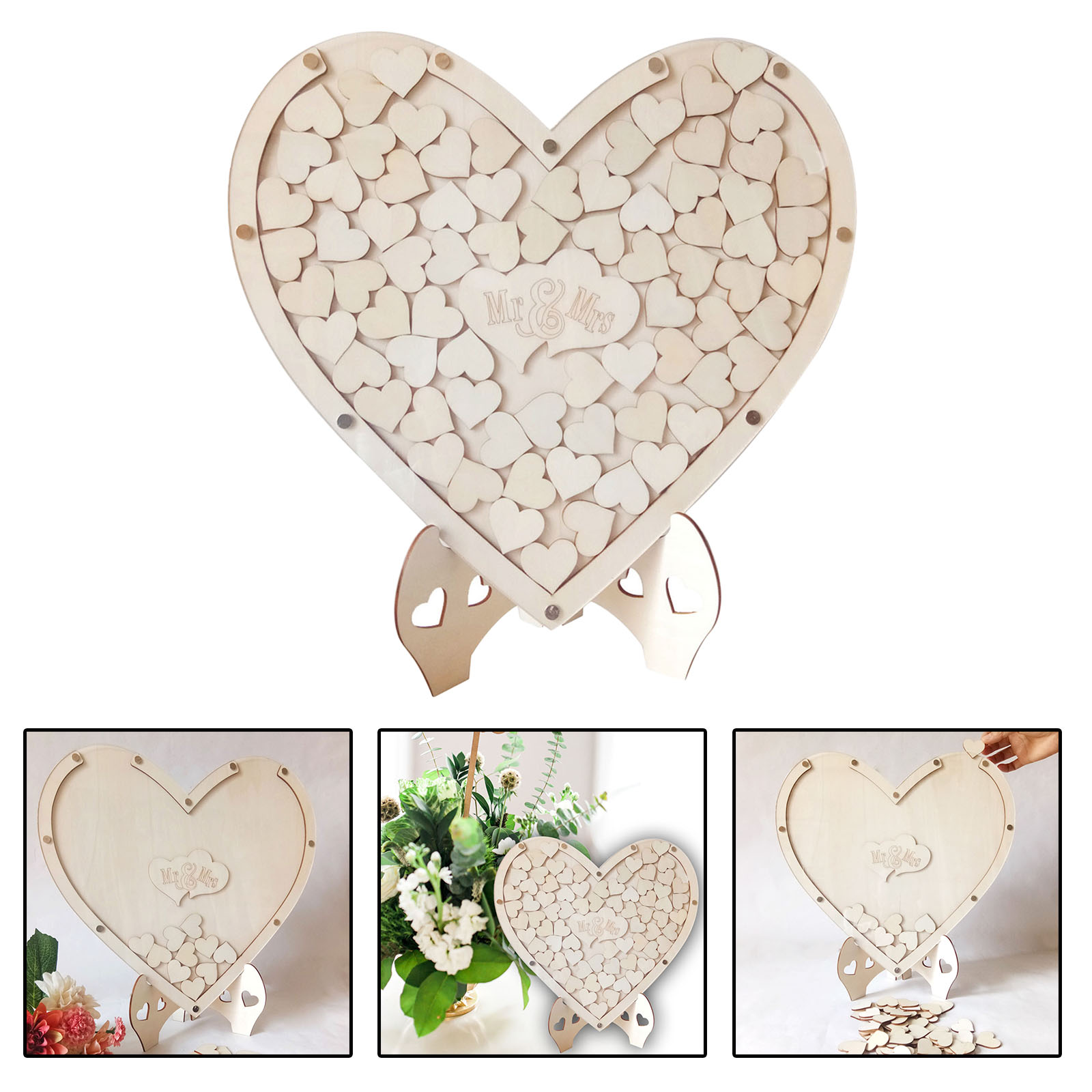 Wedding Guest Book Personalized   Sign Book with 75pcs Boxwood Blank Hearts Rustic Wedding Guestbook