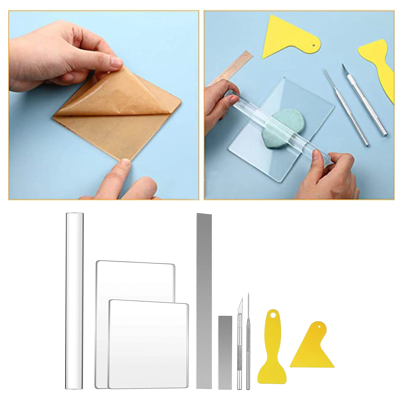 9x Acrylic Clay Roller with Acrylic Sheet Backing Board Assisted Shovel Rubber Clay Tools Hand-Made DIY Clay Tool Materials