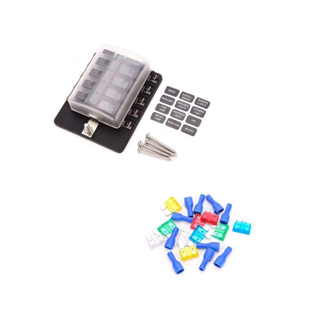 Car Boat 6V/12V/24V 10 Way Fuse Box Holder and Fuse with Red LED Light Kit