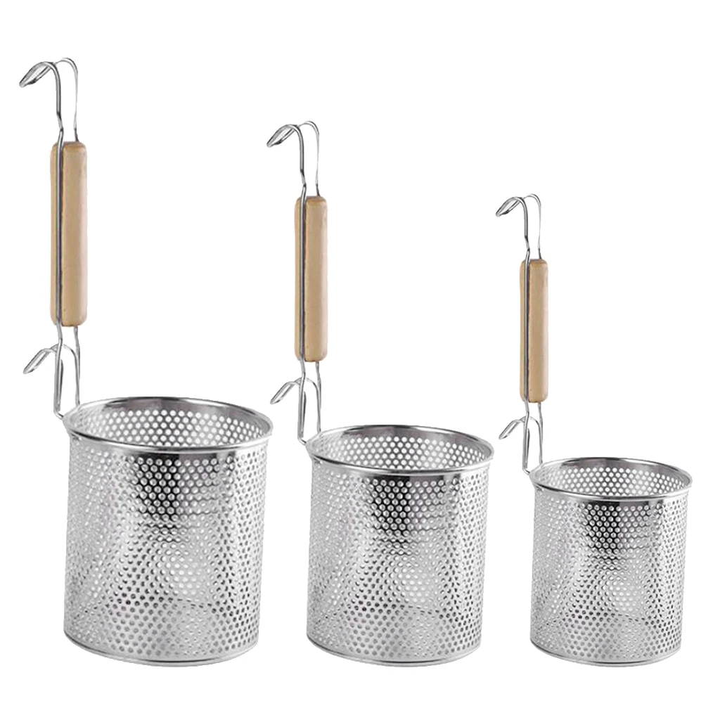 Stainless Steel Noodle Food Strainer with Hook and Wooden Handle, Strainer Basket for Dumpling Udon Vegetables Pasta