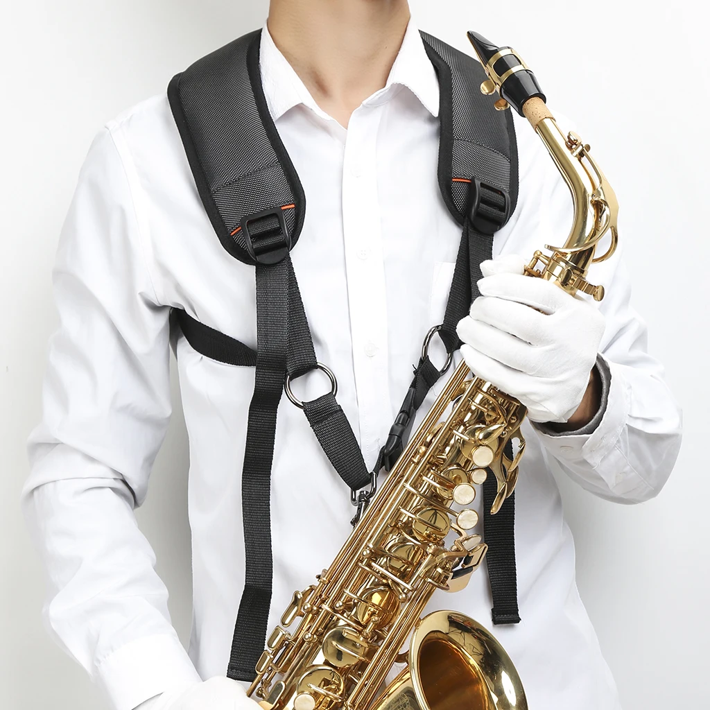 Professional Harness Padded Leather Saxophone Shoulder Strap for Baritone Alto Tenor Soprano Sax Music Accessories Black