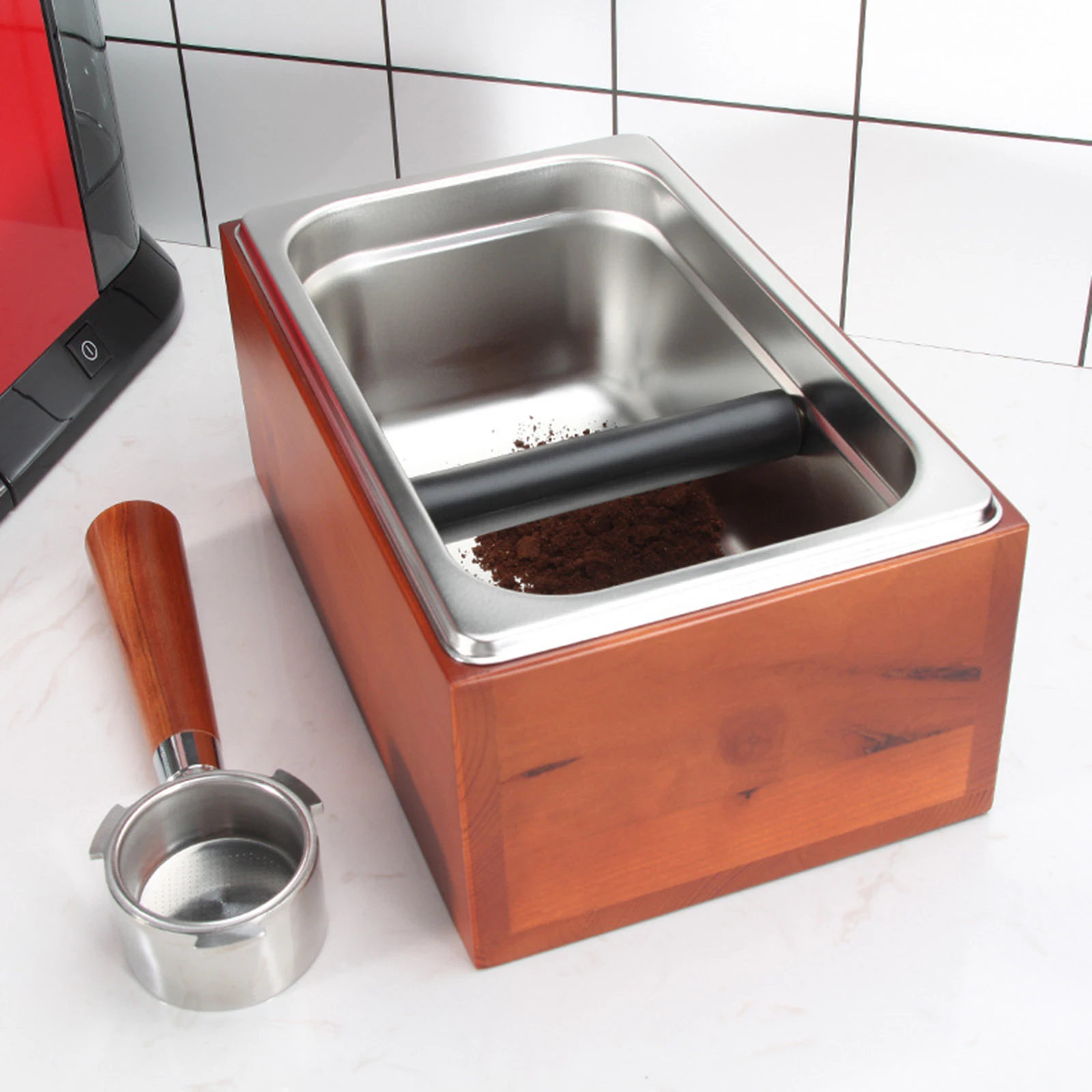 Coffee Knock Box Stainless Steel Non-Slip Solid Wood Base Compact Durable Coffee Ground Knock Container for Home