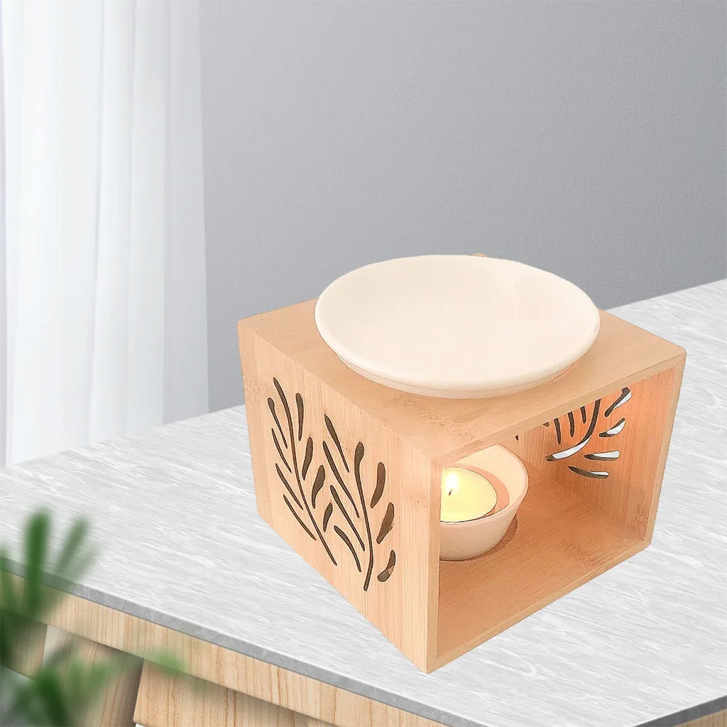 Delicate Romantic Wooden Frame Ceramic Tealight Candle Holder Oil Burner Oil Aroma Diffuser Home Living Room Decor Decoration