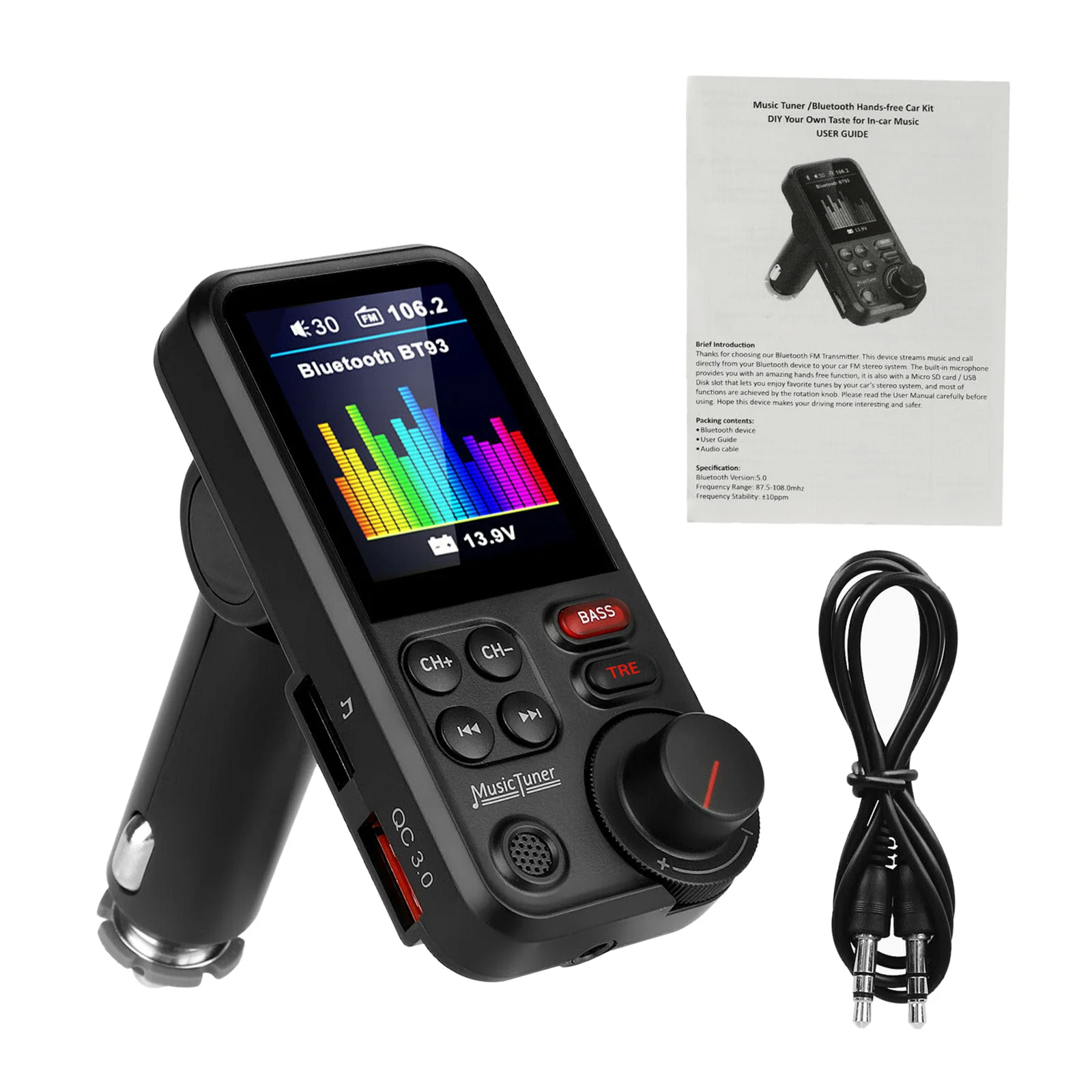 BT93 Car MP3 Bluetooth Player U Disk Music Adjustment BASS High and Bass Equalizer Car FM Transmitter