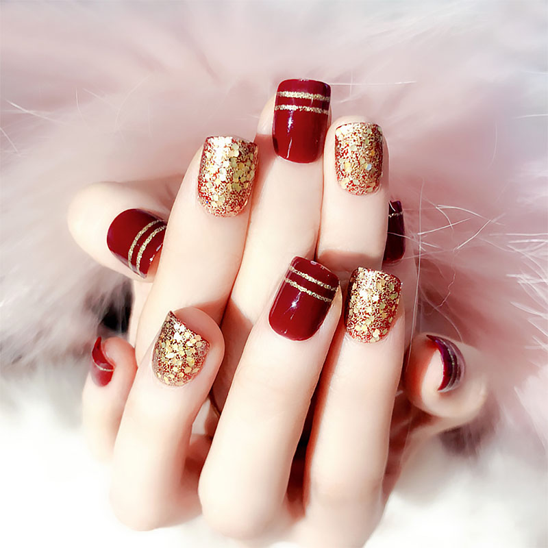 Falsas com Glitter Curto Vinho Vermelho Prego Arte Unhas Dourado Champanhe Casamento Unha Ponta Completa Hjl2022 24 Pçs 6 High Quality Beleza e saúde