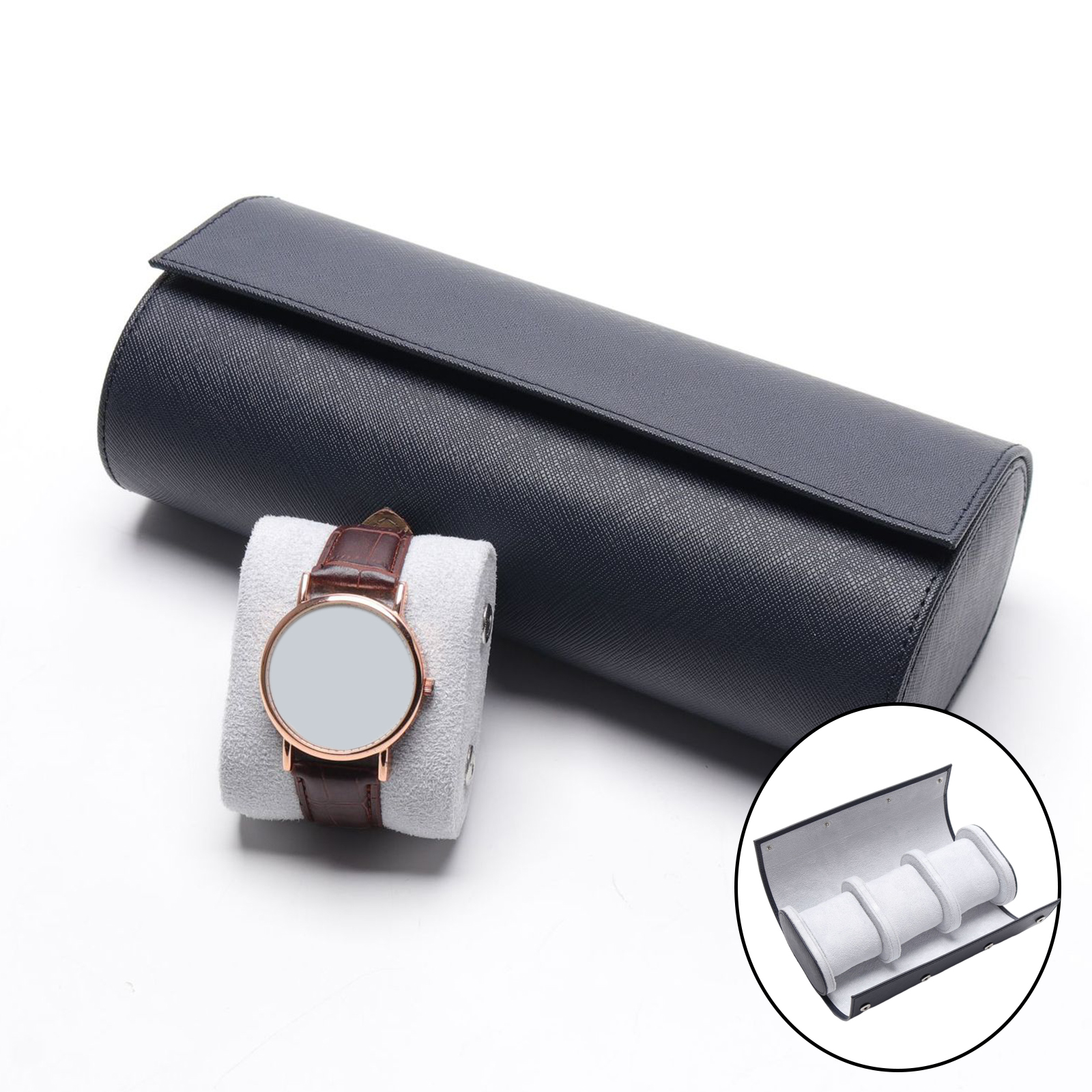 Leather Watch Roll Travel Case Cylinder Watch Storage Case Accessories Gifts for Business Journey Presents Father's Day 1PC
