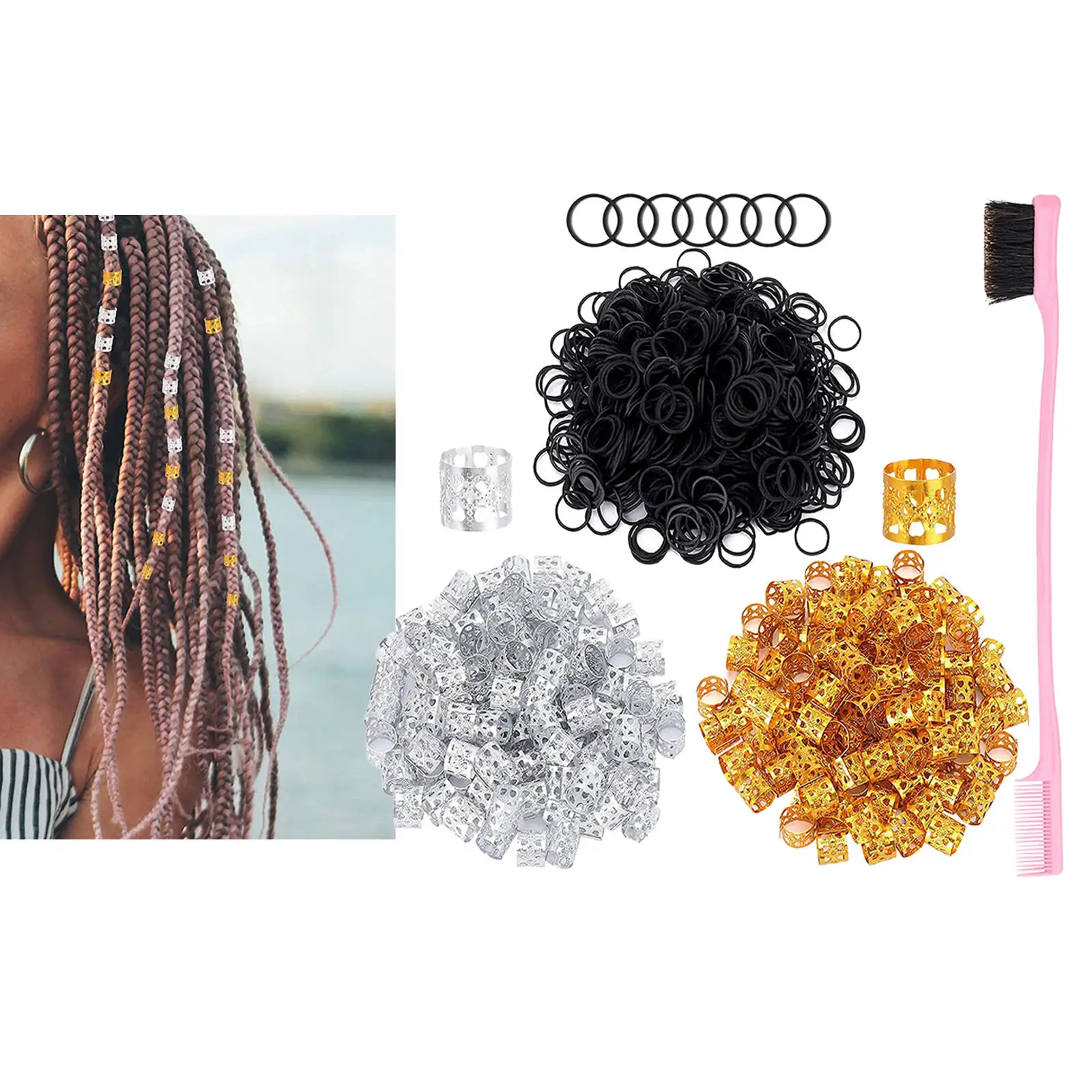1201Pcs Dreadlock Beads Black Rubber Bands Accessory with Double-Ended Eyebrow Brush Jewelry Metal Hair Tube Beads for Braids