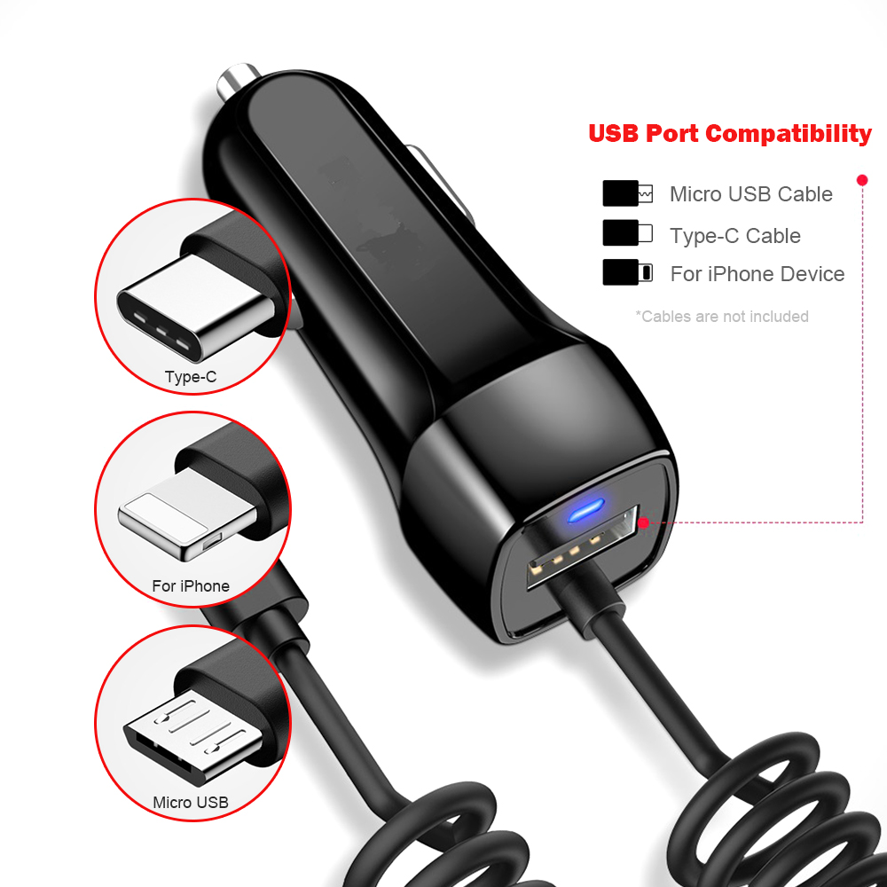 Автомобильное зарядное устройство 3 типа с пружиной, кабель Micro USB  Type-C для iPhone 12 11 XR 8, прикуриватель USB, грузовик, автомобильное ...