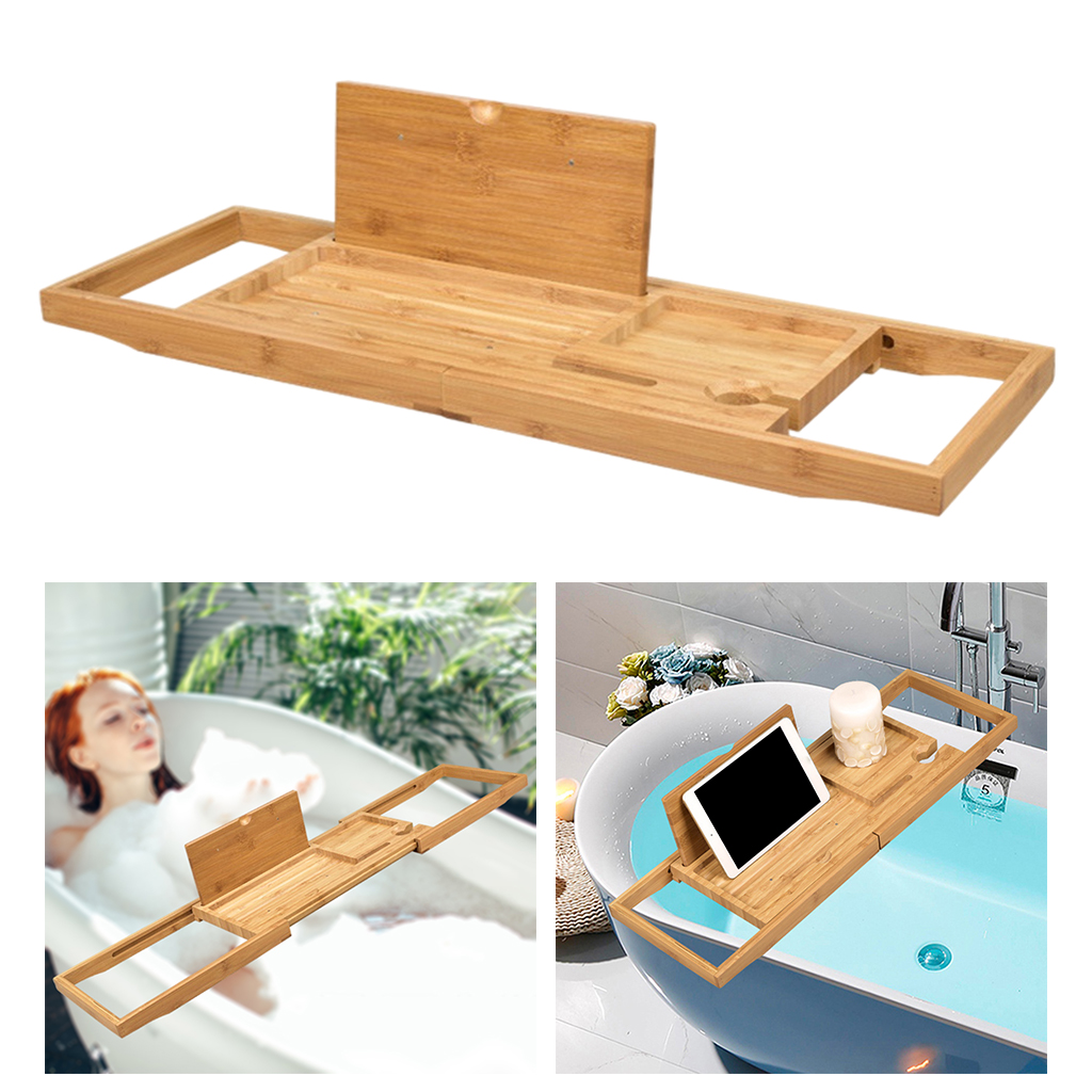Wooden Bath Caddy Tray Extendable Bathtub Bridge Board Shelf wint Book / Tablet Stand, Wine Candle Holder