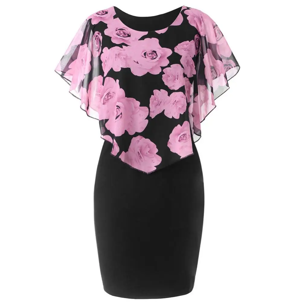 HOT SALES！！！New Arrival Plus Size Elegant Office Lady Rose Flower Print Cape Bodycon Knee Length Dress casual dresses