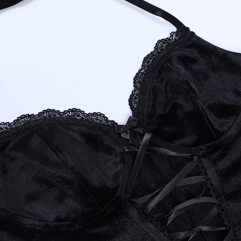 Women Dark Gothic Lace Camisole V-Neck Camis Sleeveless Bodycon Crop Tops Halterneck Black Camis Sexy Mesh Vest Female Clubwear