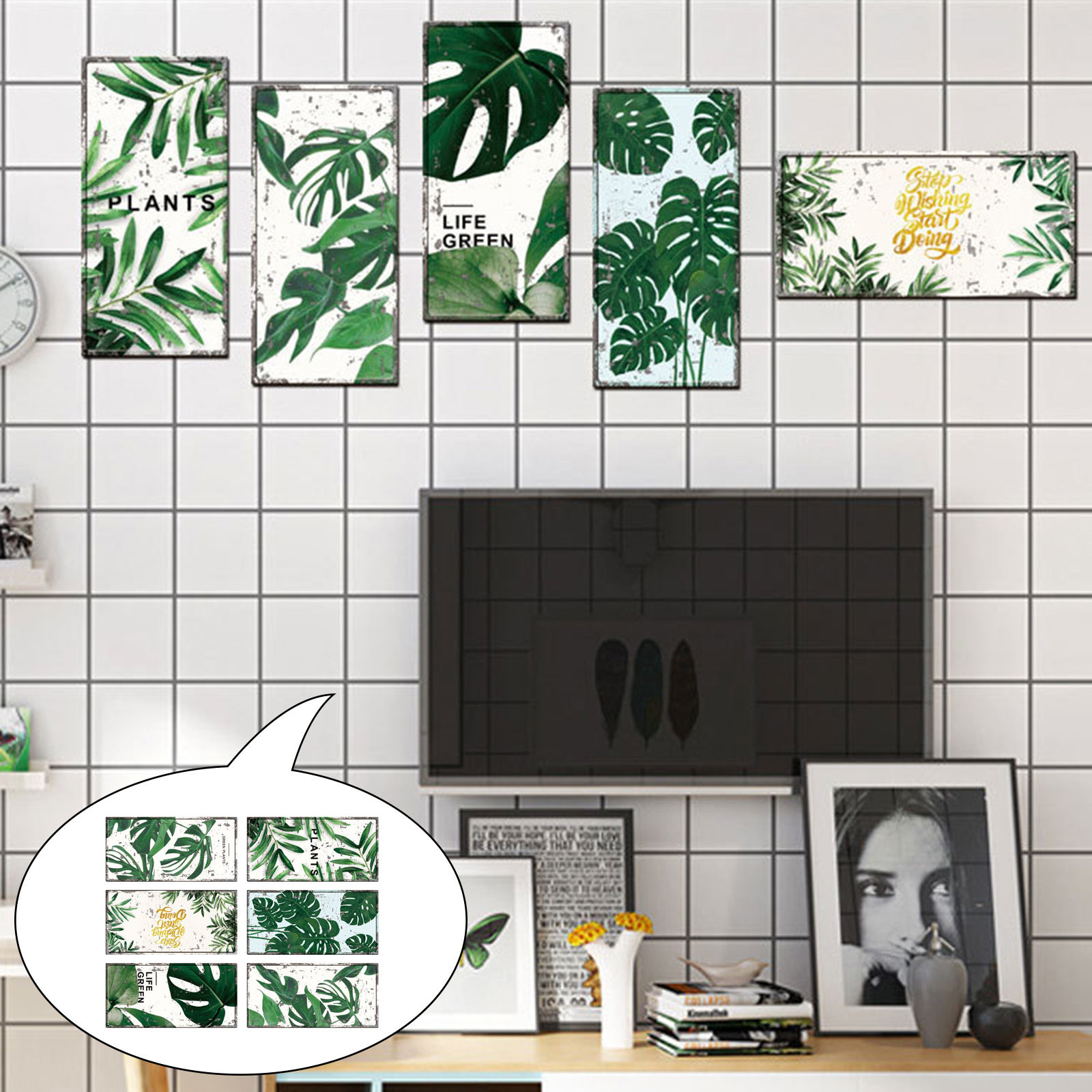 Green Leaf Wall Stickers - Tropical Plants Removable Wall Decals for Living Room Background Wall Decoration Bedroom Wallpaper