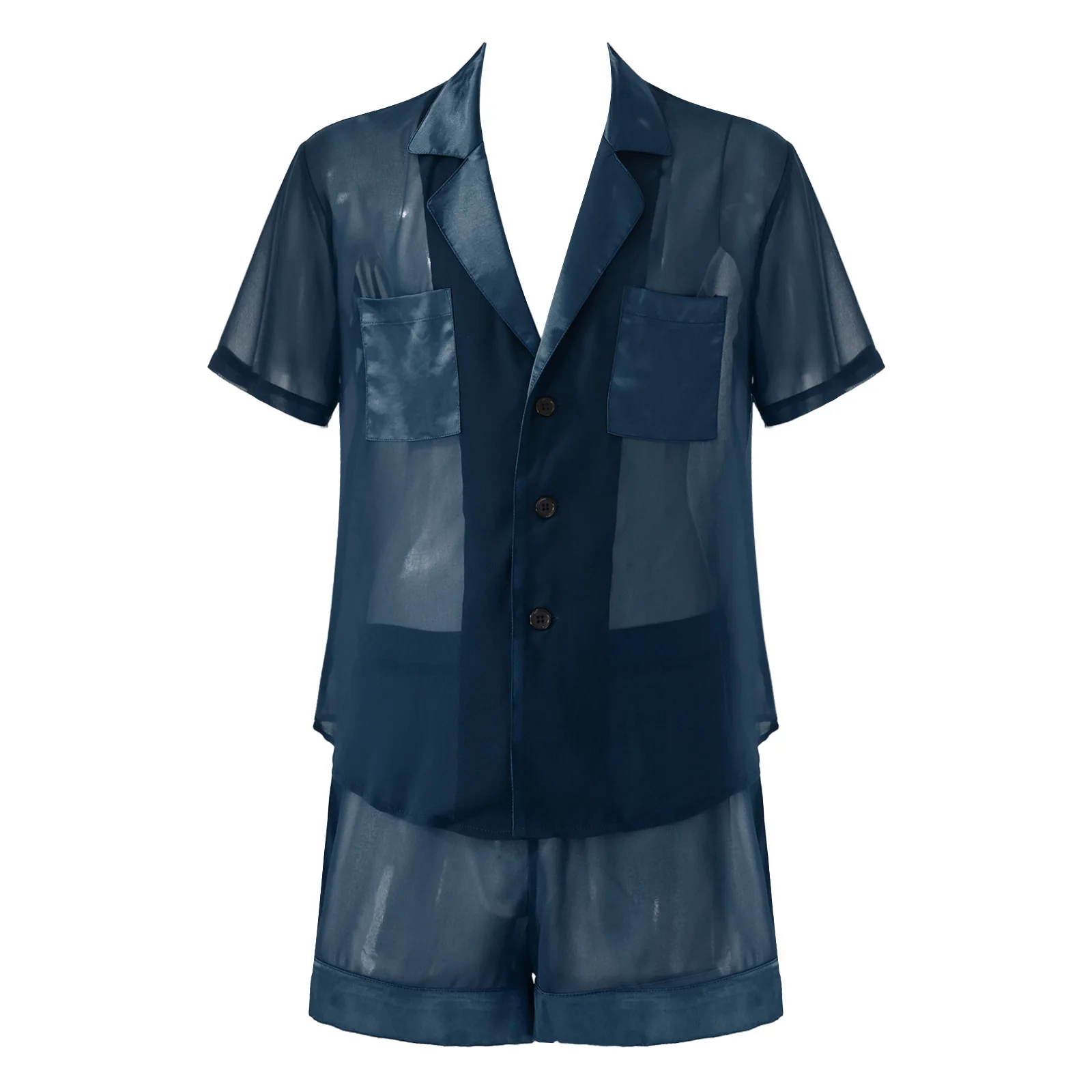 Mens Sleepwear Suit Homewear Satin Patchwork Sissy Nightwear See-through Pajama Set Lapel Short Sleeve Button Tops with Shorts mens cotton pajama shorts