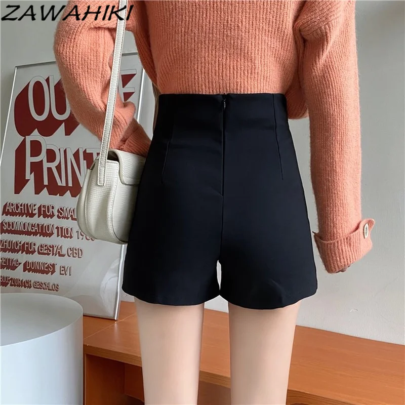 ZAWAHIKI Black Shorts Female Spring Autumn New Double-breasted High Waist Casual Pants Elegant Chic Solid Fashion Short Pant black denim shorts