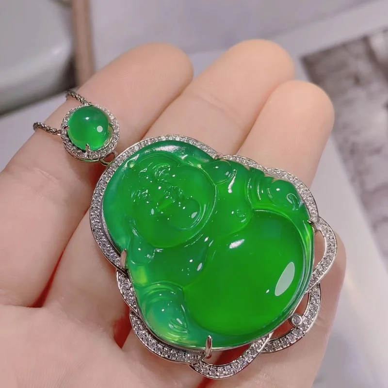 Green Jade Buddha Pendant Green Agate Black Pearl Chain 35'' Necklace