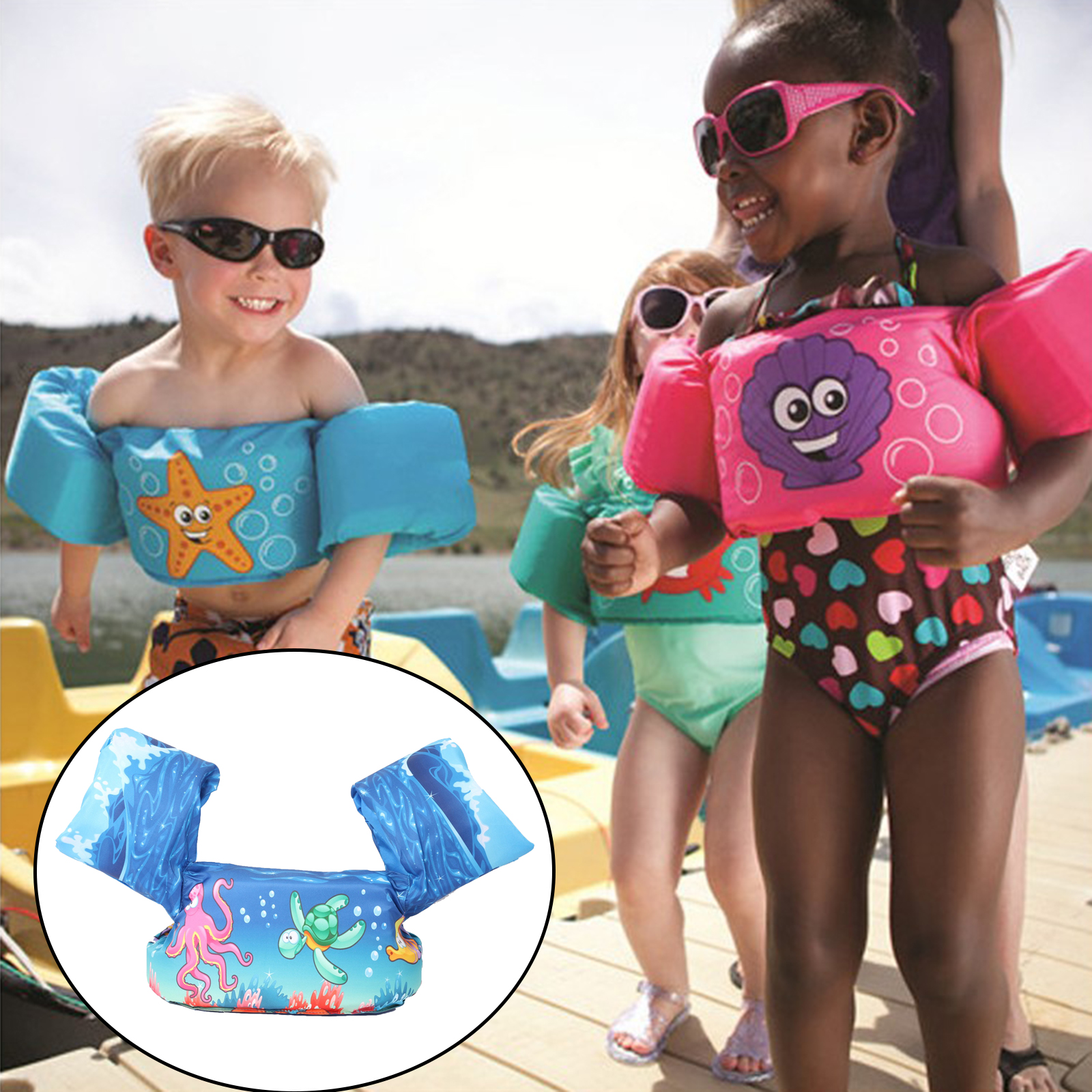 Cartoon Kids Swim Vest with Shoulder Harness Arm for 10-30Kg Toddler