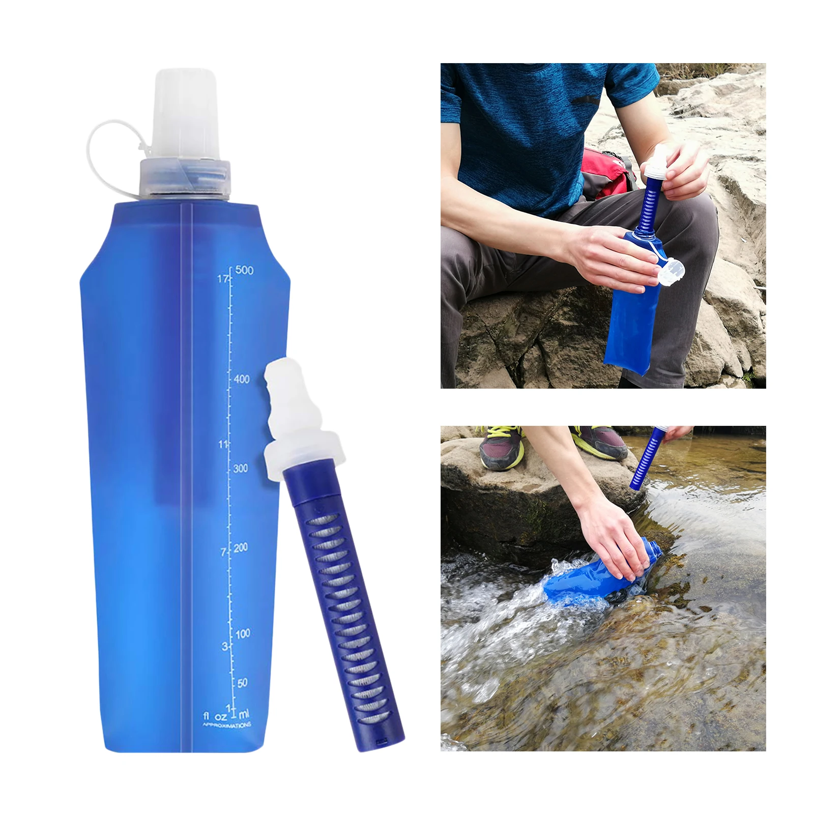 Filtered Water Bottle 500ML Filtered Water Bag for Camping Backpacking