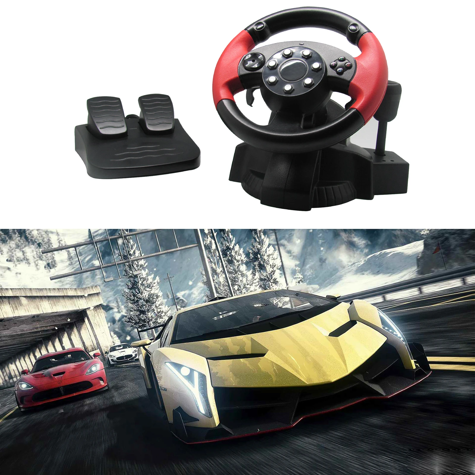 Gaming Car Racing Simulator Vibration Driving PC Steering Wheel & Pedals Set
