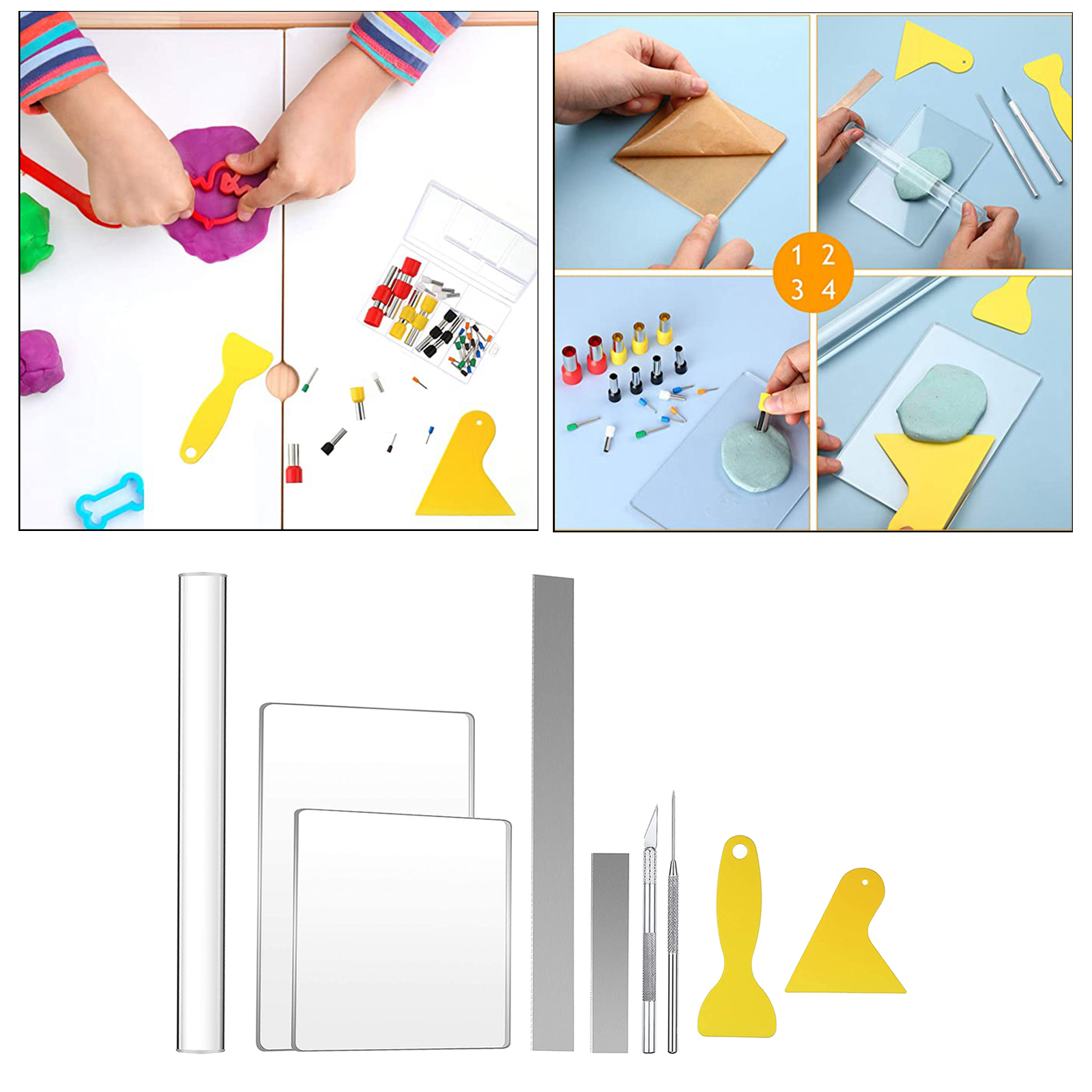 9 Pieces DIY Polymer Clay Tool, Include Acrylic Clay Roller, Acrylic Sheet, Clay Needle, Clay Cutter, Scraper Backing Board