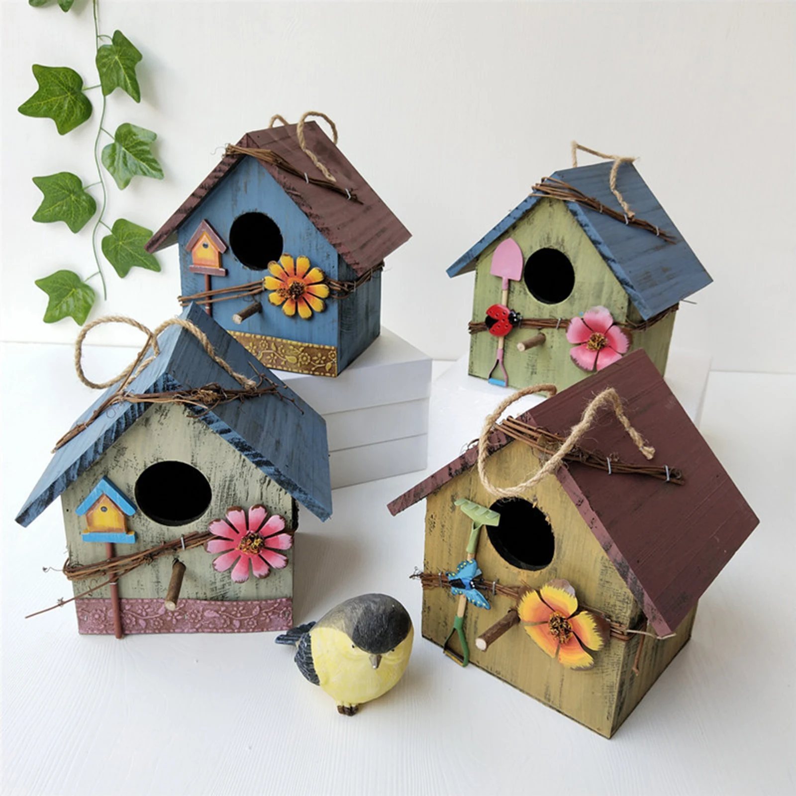 Mini Bird House Outdoor Porch Pastoral Courtyard Ornament Rustic Birdhouses