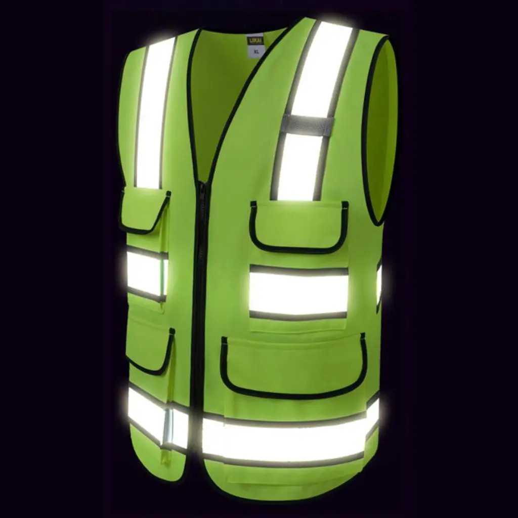Reflective Safety Vest, Bright Neon Yellow Color with Reflective Strips - Zipper Front Style-E