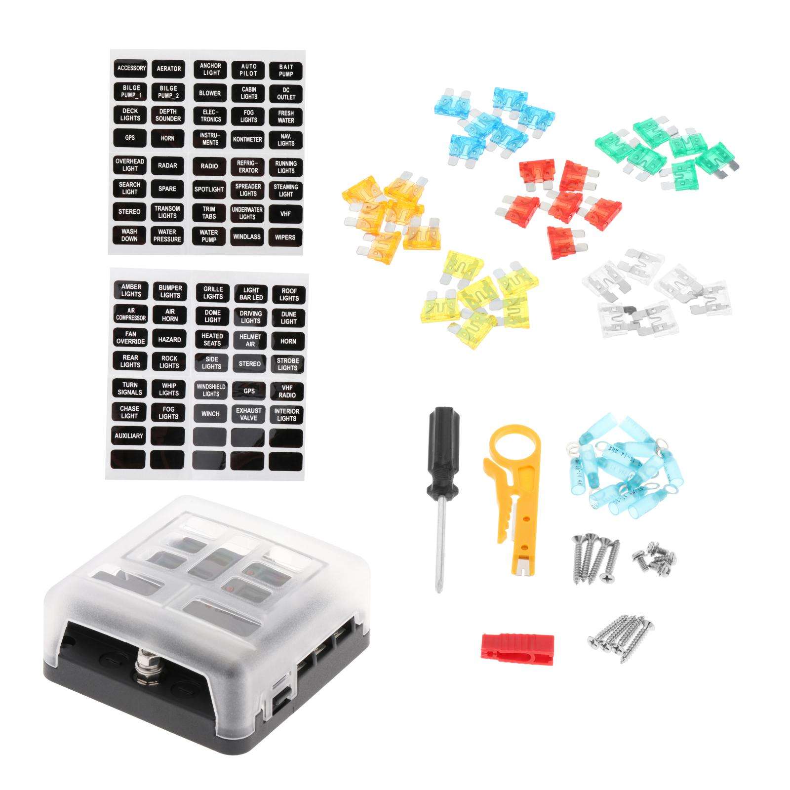 Car LED Fuse Box PBT with Protection Cover Damp-Proof Atc/Ato 6 Way Blade Fuse Block Fit for ship Automotive Yacht Truck RV Van