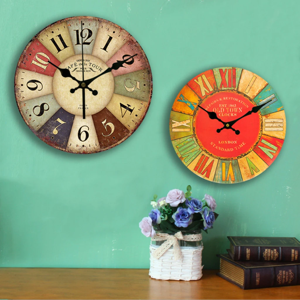 Vintage Wall Clock Rustic Shabby Chic Home Kitchen Wooden 30cm Decor 24 Types