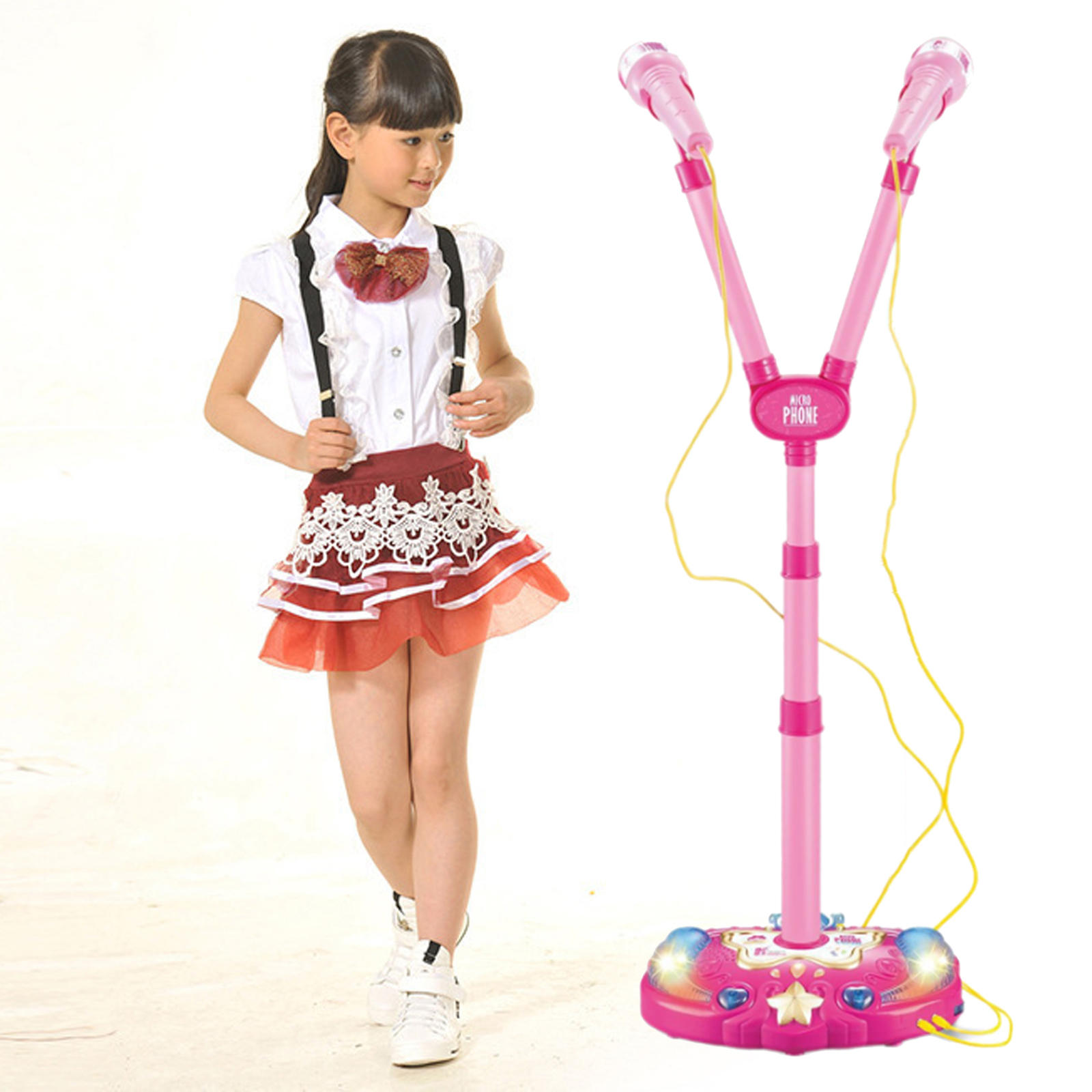 Kids Girl Karaoke Twin Microphone with Adjustable Stand Light and Music, Karaoke Machine for Kids