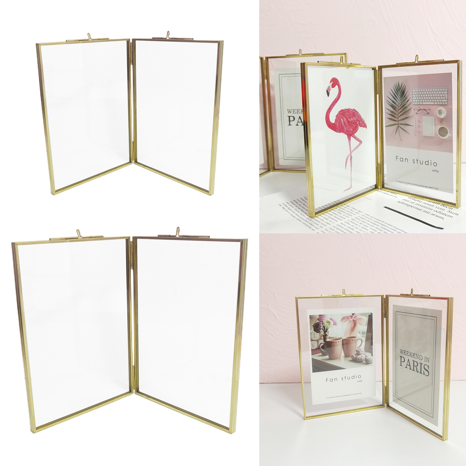 Vintage Gold Picture Frame Two Sided Photo Frames Display Holder with Chain