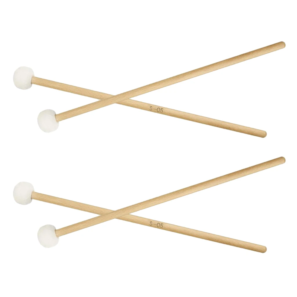 2 Pair 15 Inch Wood Handle Mallets Timpani Stick Multi-Purpose Felt Mallet Soft, Good Percussion Accessories