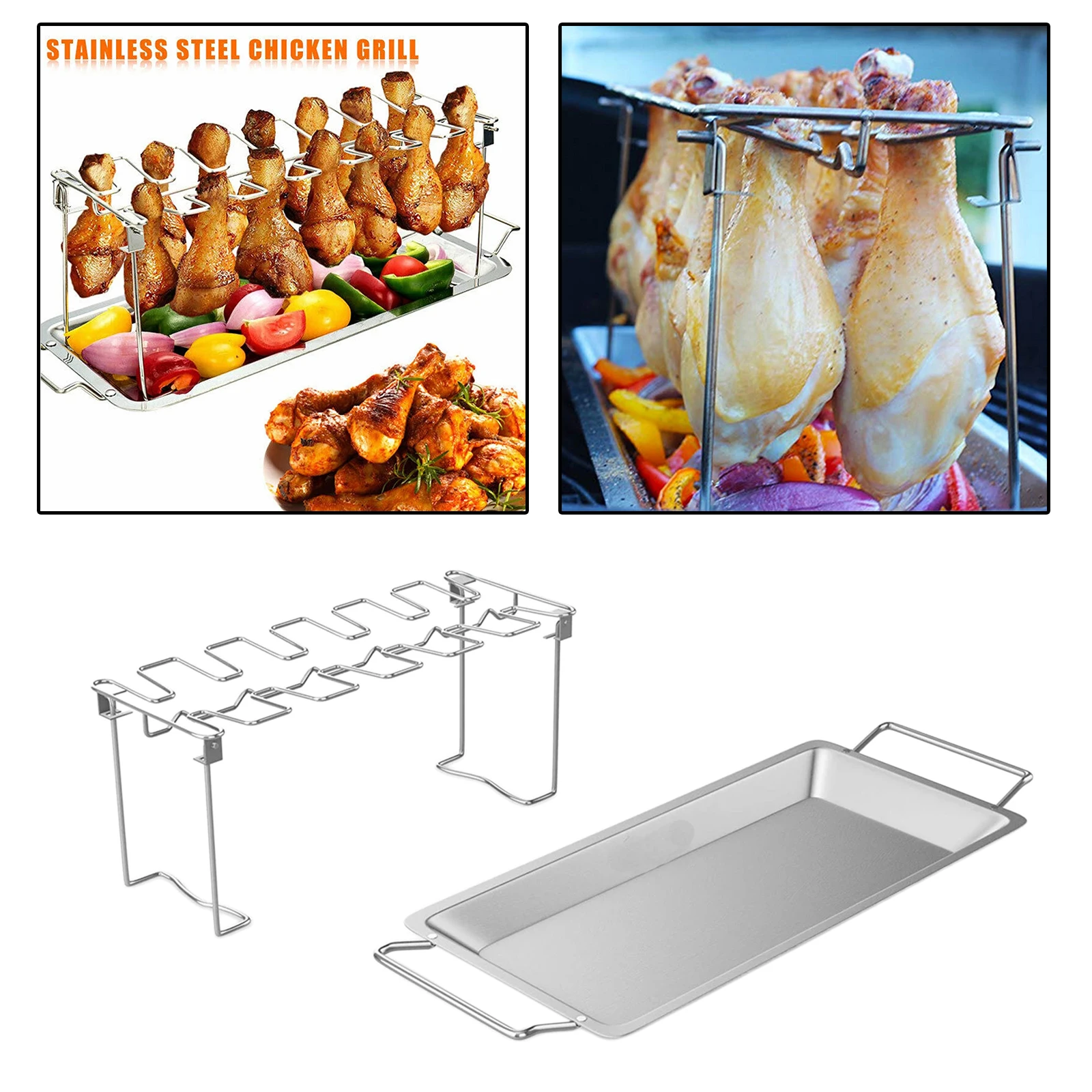 Folding Chicken Leg & Wing Holder Rack Grill Stand Roasting BBQ Steel Outdoor Grill with Drip Tray for Smoker Grill or Oven