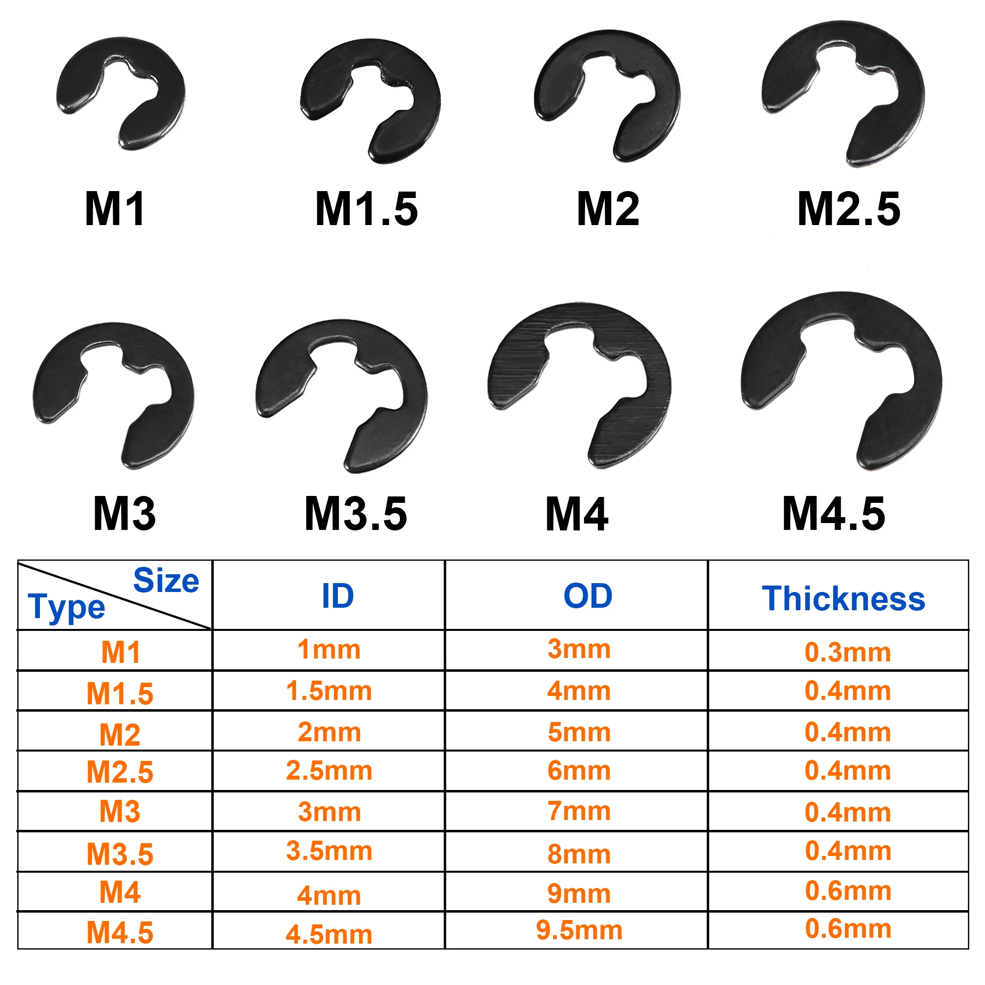 E-Clip 400Pcs 1/1.5/2/2.5/3/3.5/4/ 4.5/5/6/7/8/9/10/11mm External Retaining Ring 