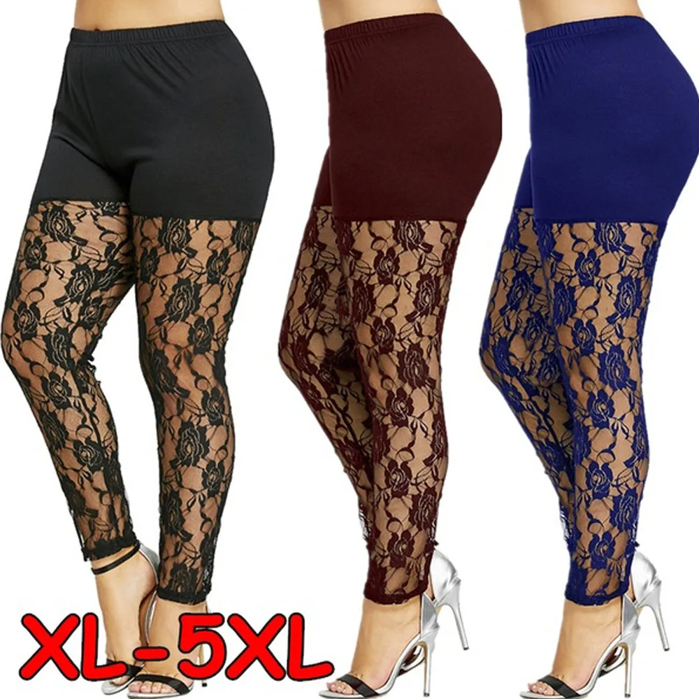 Size 4XL Leggings for Women High Waist Pencil Pants Skinny Lace Hollow Out  Floral Tight Trouser Casual Women Homewear white leggings