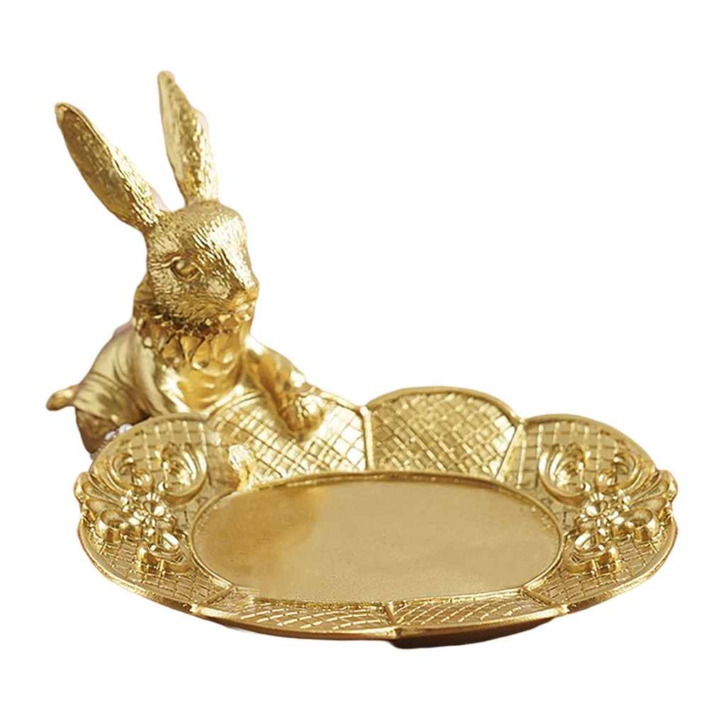 Adorable Bunny Ring Holder Jewelry Tower Resin Golden Dish Plate Jewel Display Organizer Trinket Tray, Lovely Rabbit