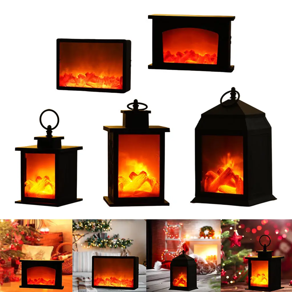 LED Fireplace Lantern Flamless Log Fire Effect Vintage Lamp Christmas Home Decor 
